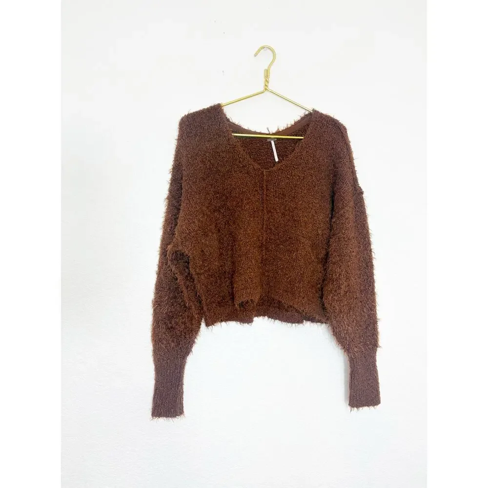 Free People Icing V-Neck Sweater Mocha Brown Size XS Fuzzy Oversized Soft